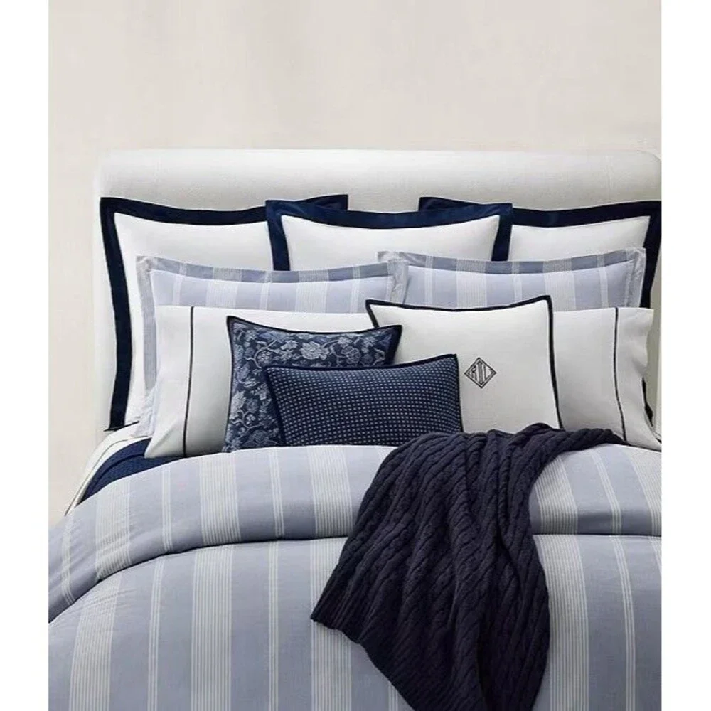 LOT 2 Ralph Lauren RL Organic Sateen Border European Shams 26x26” Polo Navy NEW